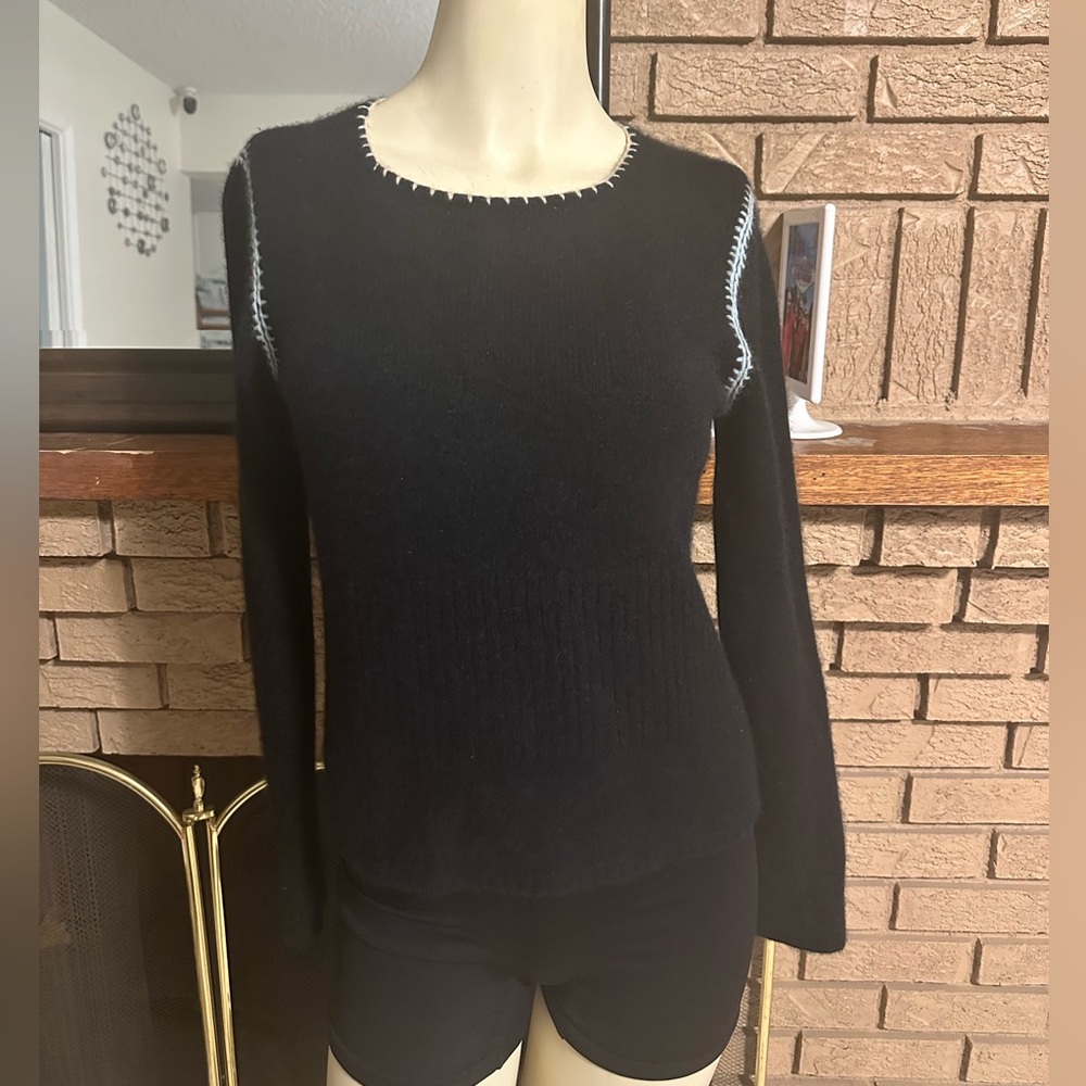 White + Warren Black Crewneck Sweater with Contrast Stitching